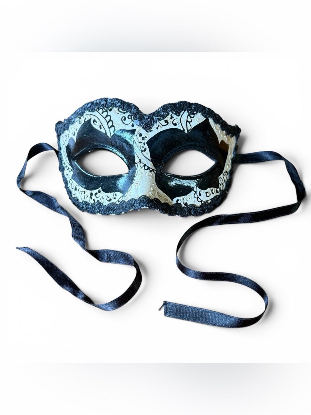 Italian Back and Cream Hand Made and Decorated Venetian-style Carnival Eye Mask